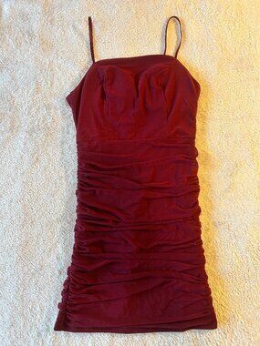 Spaghetti-Strap Burgundy Mini Dress with Ruched Skirt